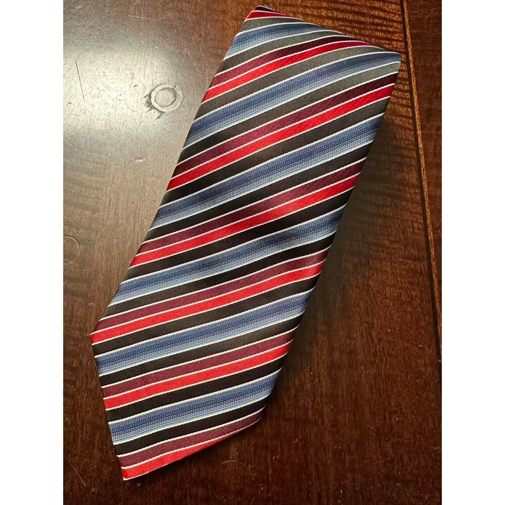 HUGO BOSS Men’s 100% Silk Neck Tie Red Blue Black Striped